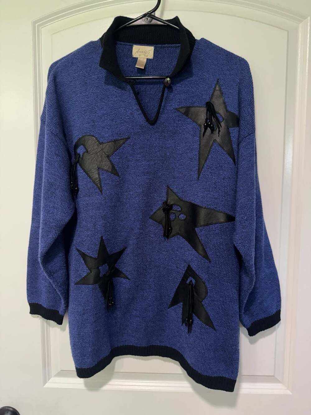 Vintage Star Applique Sweater Cobalt Blue Black Artsy Statement Knit Women’s M